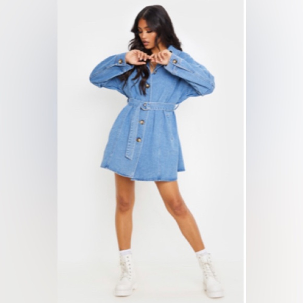 Oversized Tortoise Button tie Waist Denim Shirt Dress / New